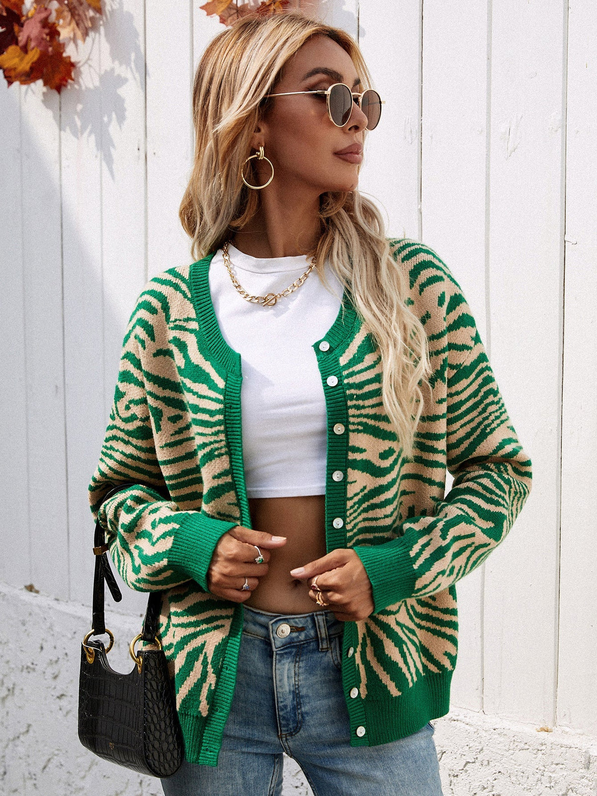 Round Neck Zebra Print Button Up Long Sleeve Knit Cardigan 2