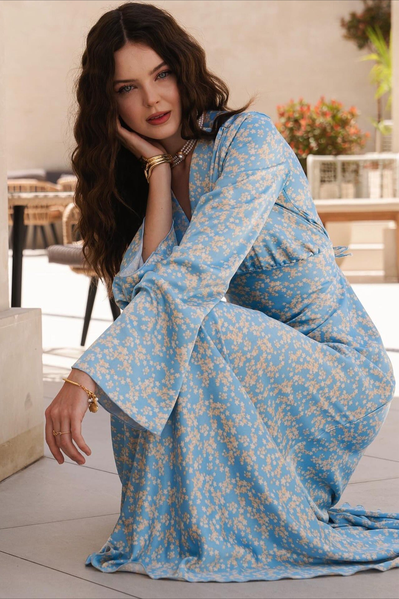 Deep V Neck Flared Sleeve Tiered Maxi Floral Print Dress 6