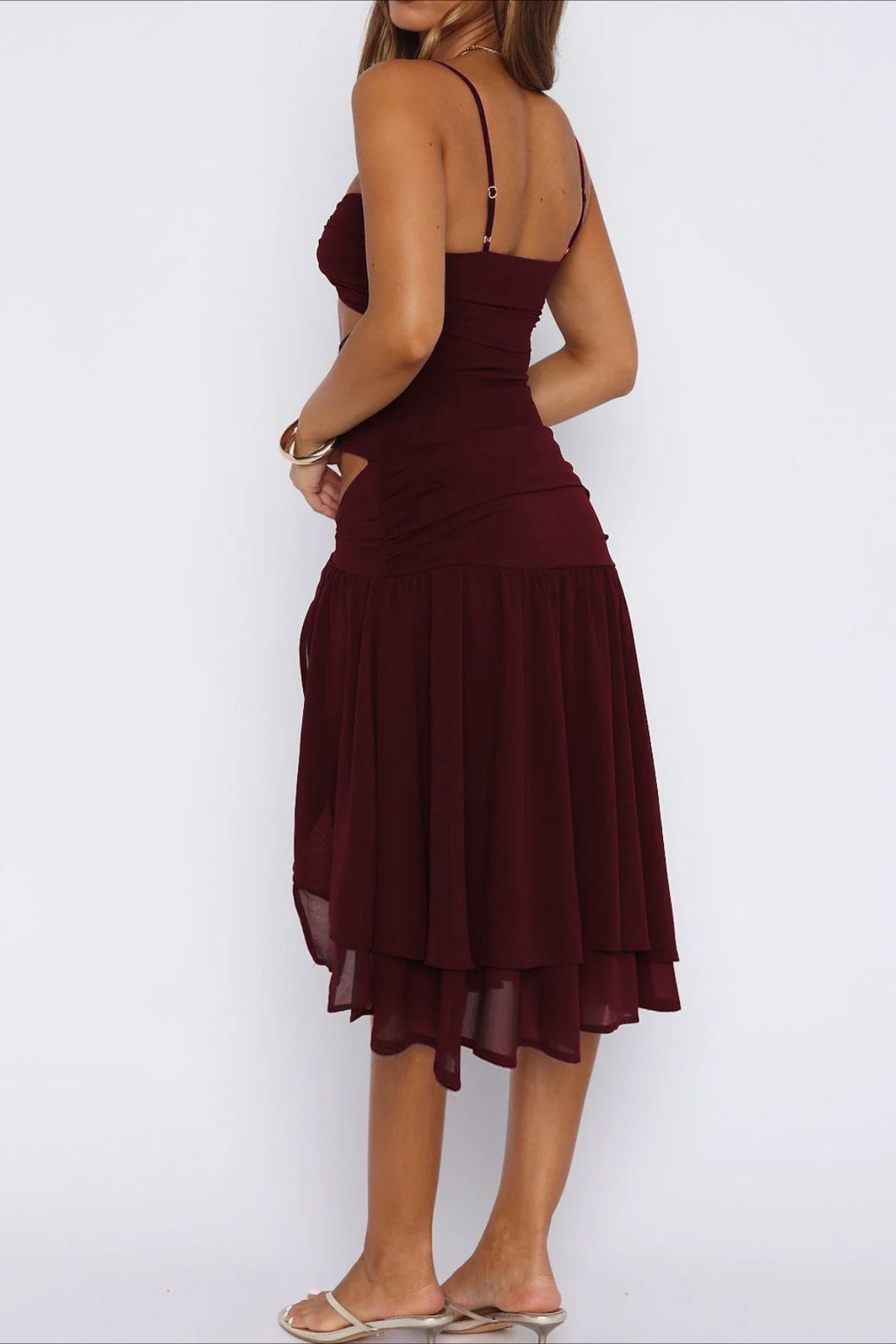 Red Spaghetti Strap Twist Front Multi Cut Out Ruched Sheer Ruffle Midi Dress 3
