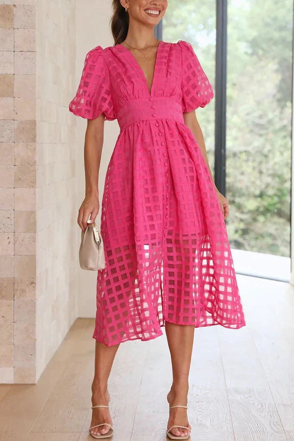 Beautiful square pattern fabric puff sleeve midi