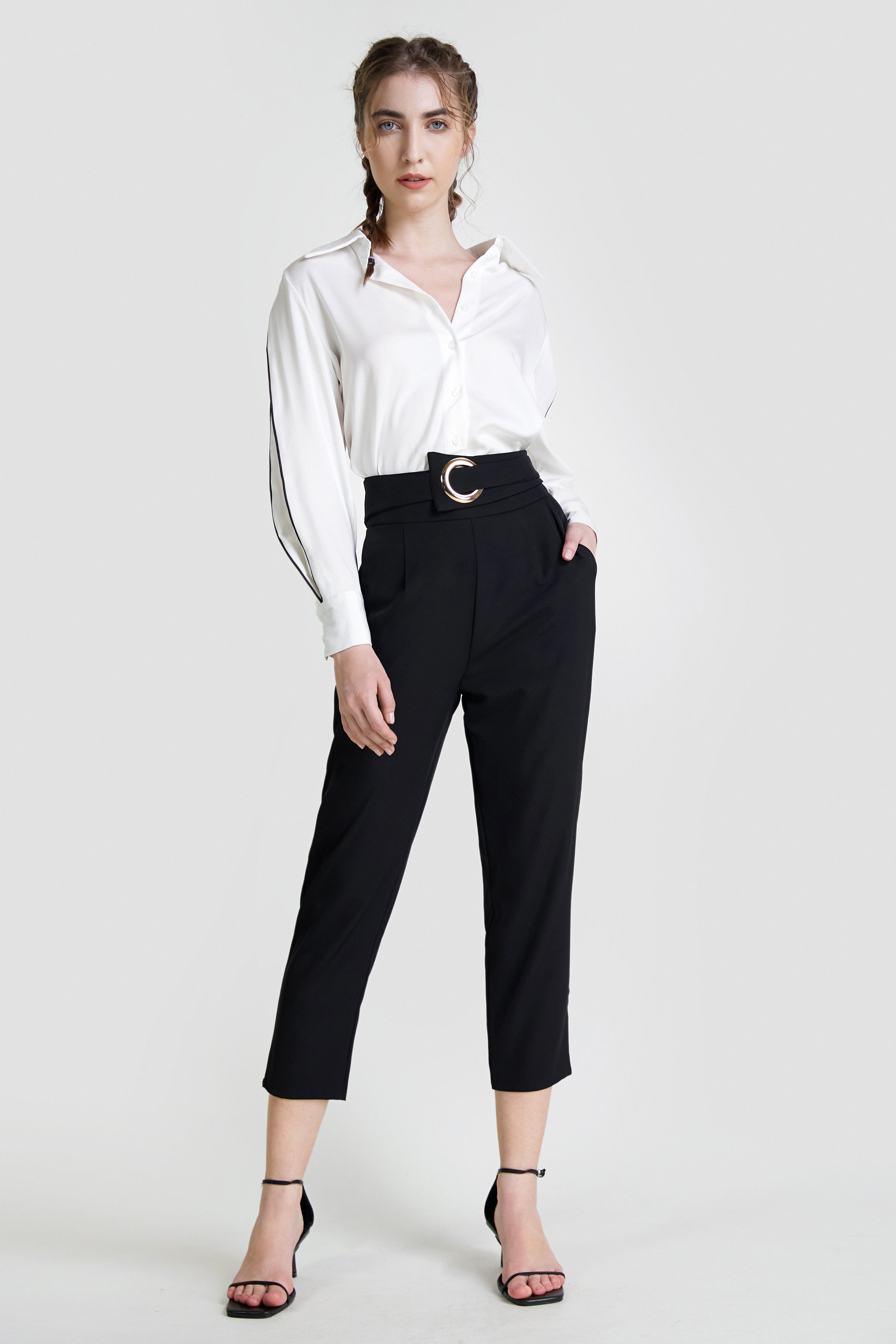 Black Ring Detail Straight Leg Suit Pants