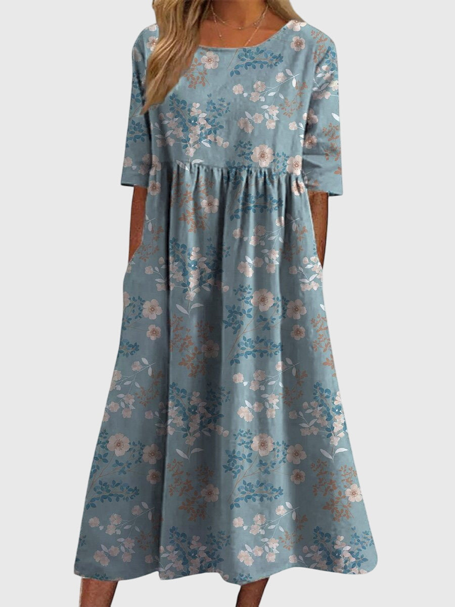 Round Neck Floral Print Short Sleeve Empire Waist A-Line Midi Dress