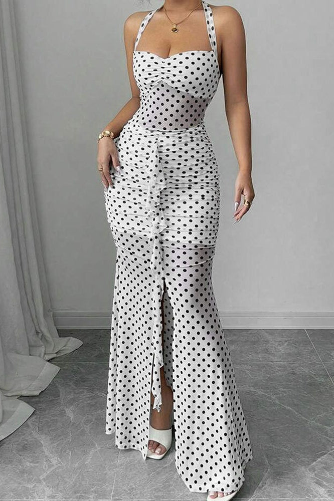 White Polka Dot Backless Cami Mesh Maxi Dress 3