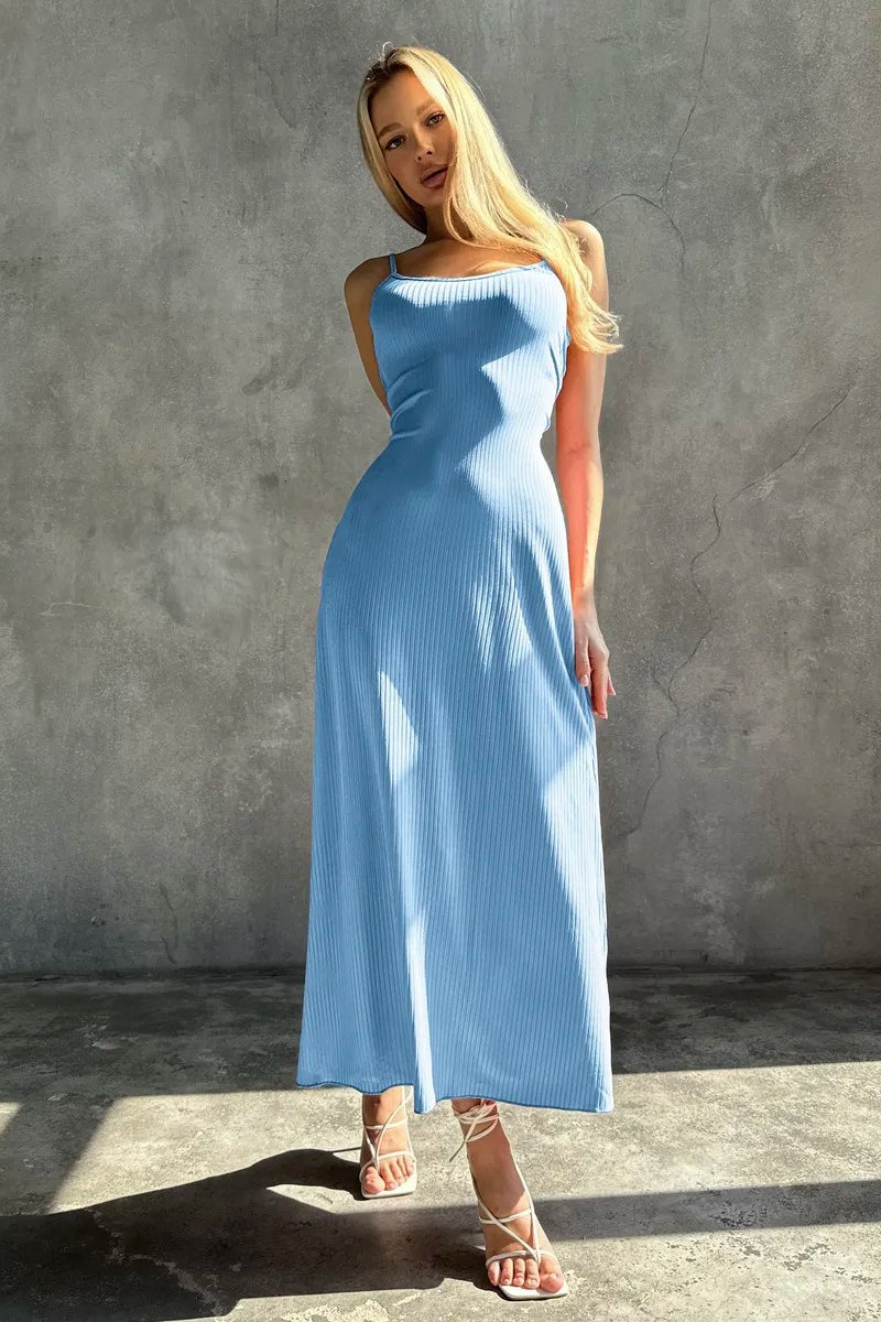 Solid Ribbed Tie Back Waist Cinch Slip Dress