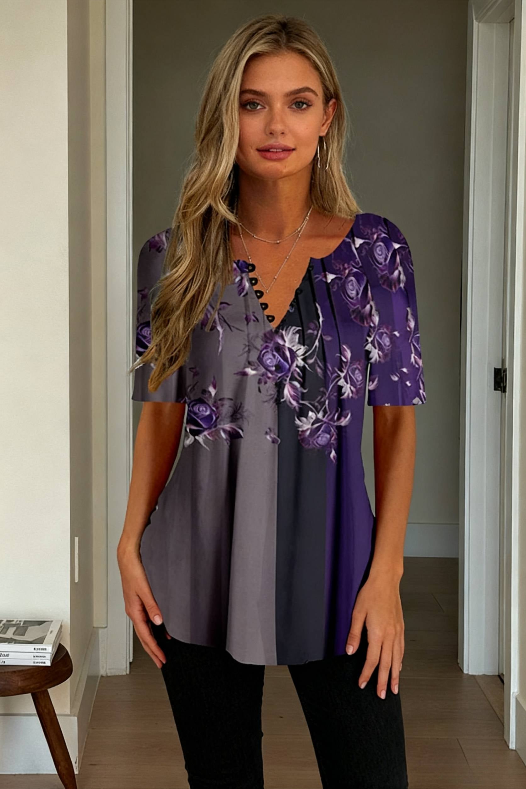 Navy Fit Flowered Women's in Brief Blue Painting Button Tunic White Sleeve Regular Neck Black with Flowered Print Round Tshirt Weekend Festive Design