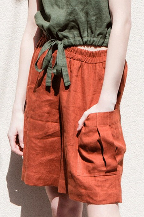 Linen Cargo Elastic Waist Pants