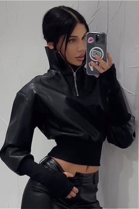 Sexy PU Stand-Up Collar Slim Bomber Jacket