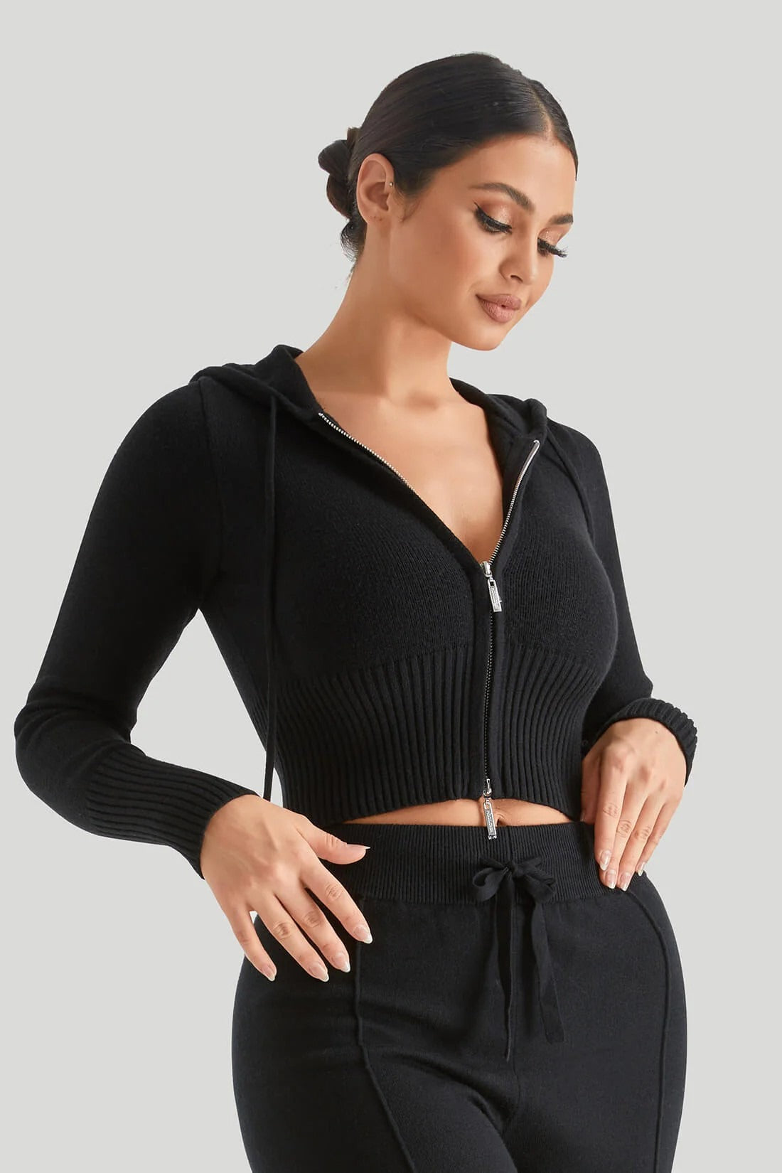 Knit Hooded Sexy High-Waist Long-Sleeve Hoodie