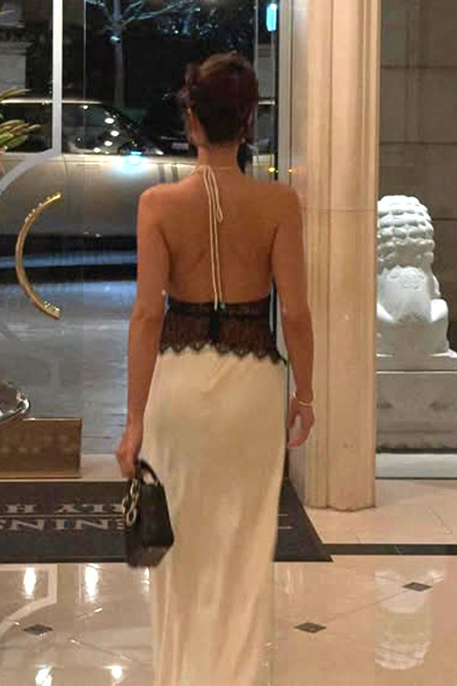 Solid Lace Sheer Halter Tie Back Slip Dress