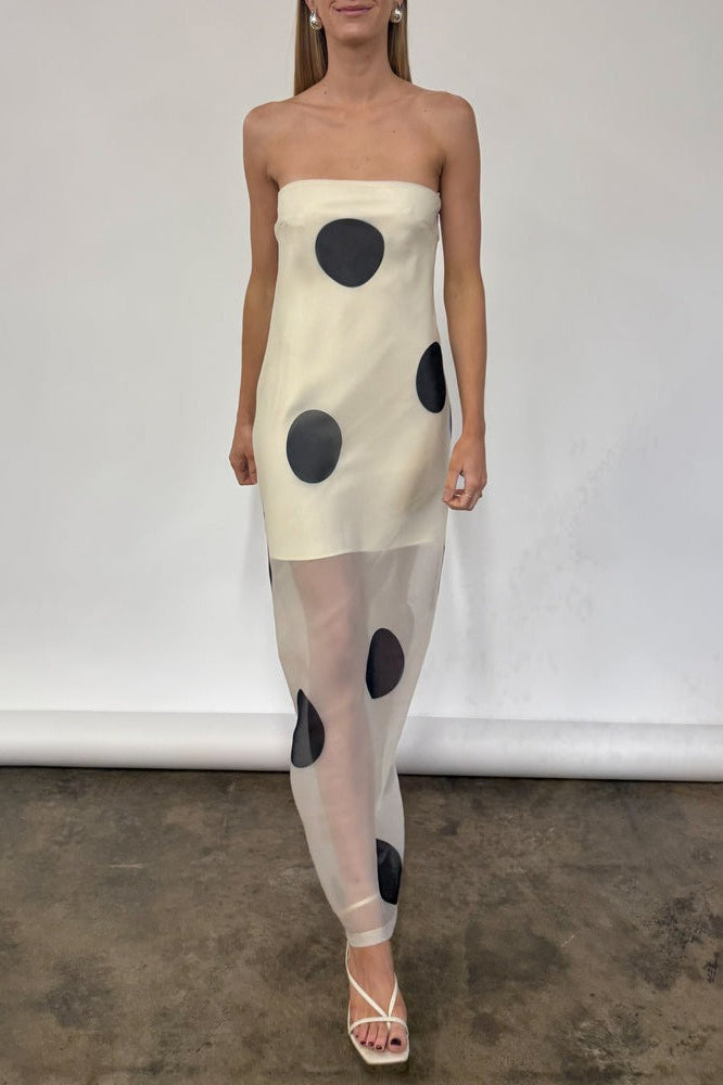 White Polka Dot Bodycon Cami Maxi With Side Slit Dress