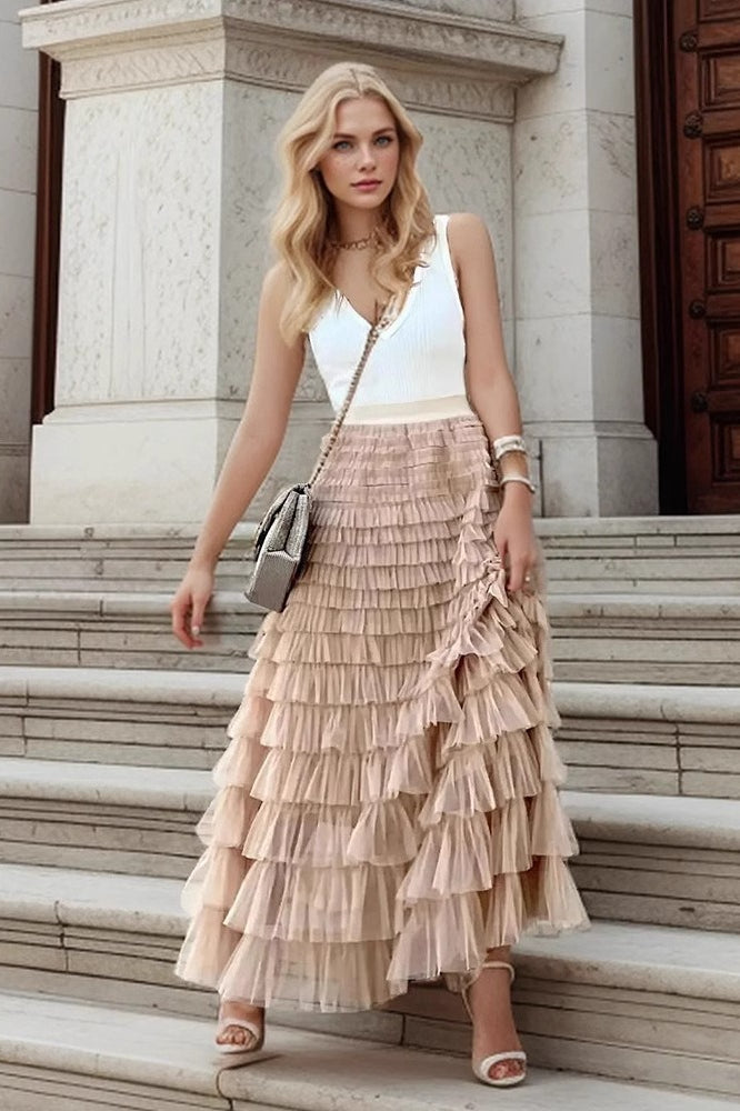 Tiered Sheer Mesh ALine Maxi Skirt
