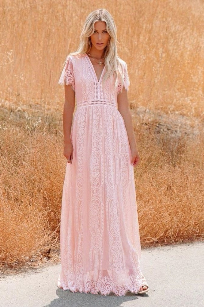 Deep V Neck Lace Cap Sleeve Empire Waist Scalloped Hem Maxi Dress 6