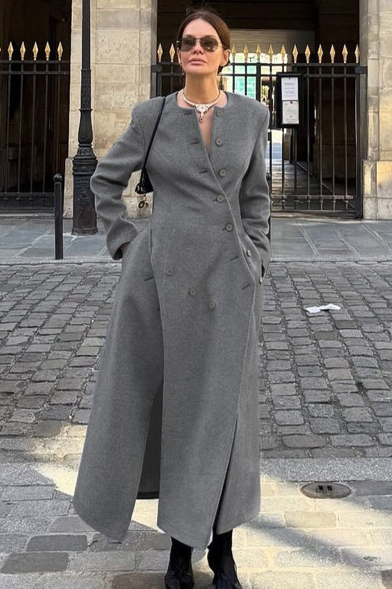 Gray Round Neck Wool Coat