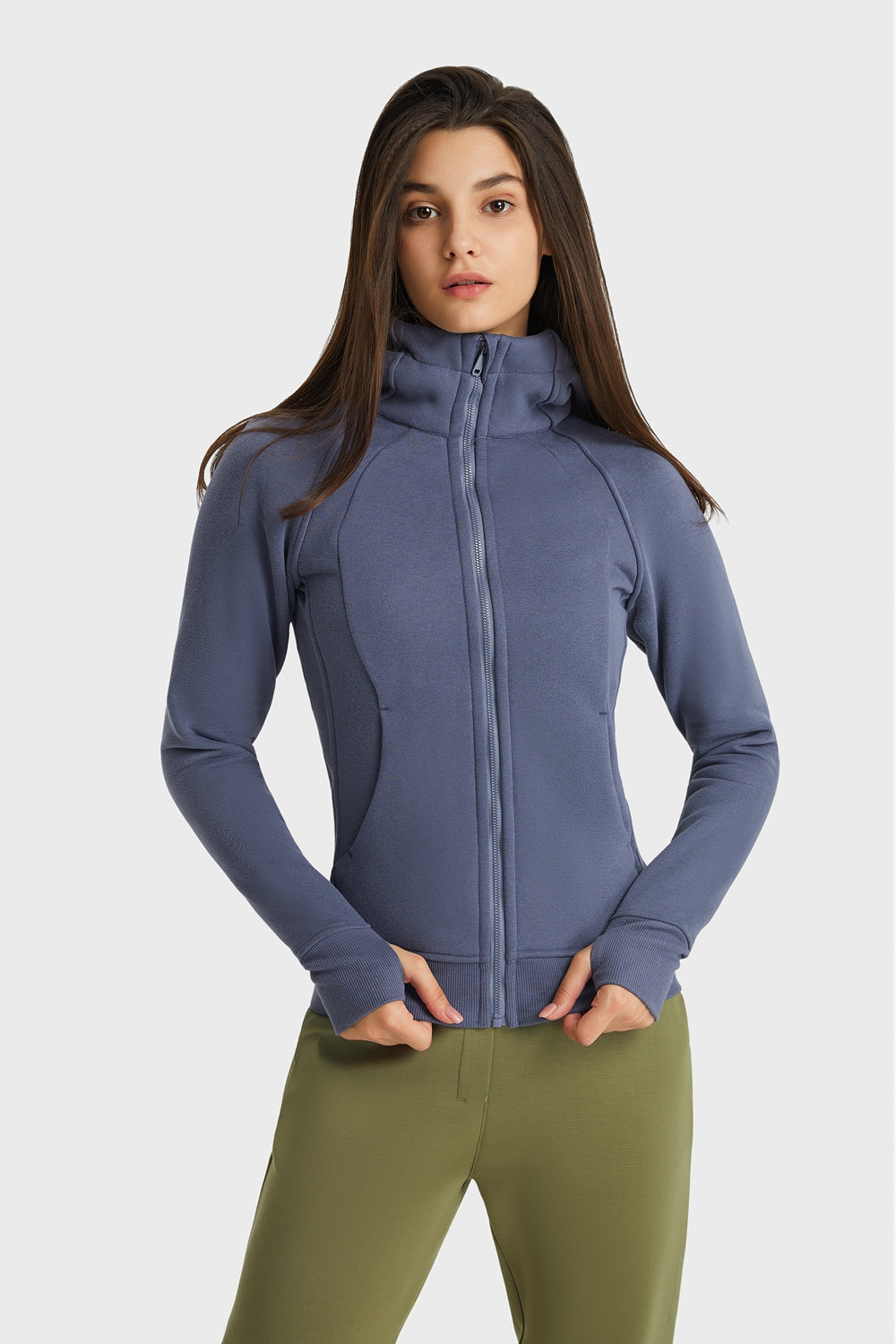 Zip Up Hooded Long Sleeve Thumbhole Fitted Sports Jacket