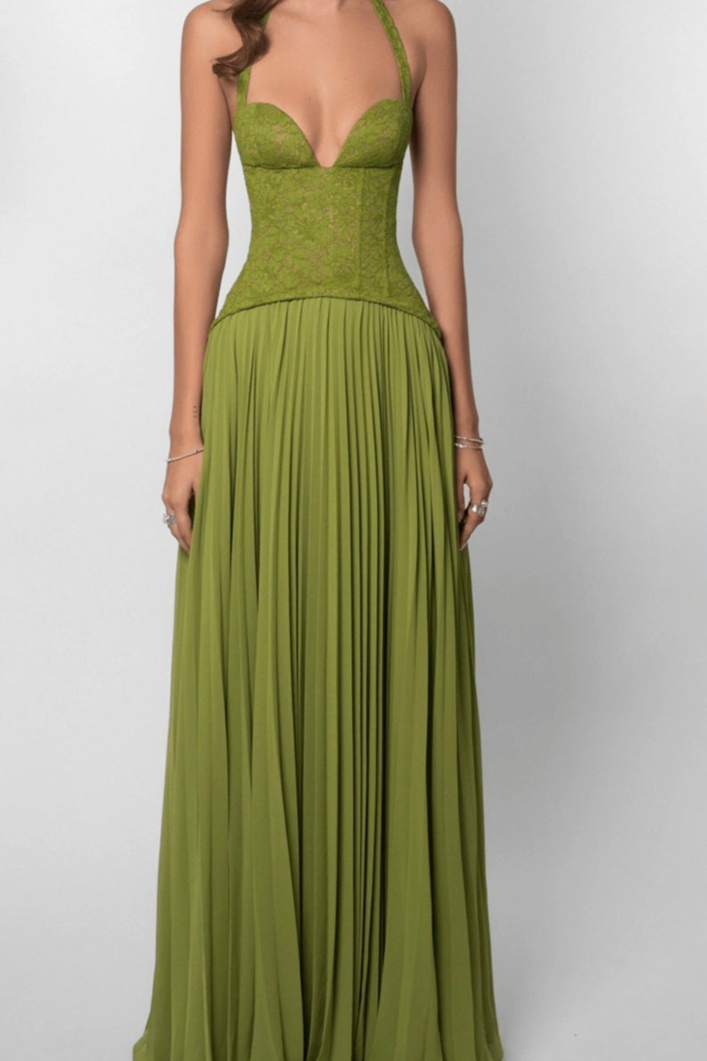 Halter Deep V Neck Lace Bodice Accordion Pleated Maxi Dress 3