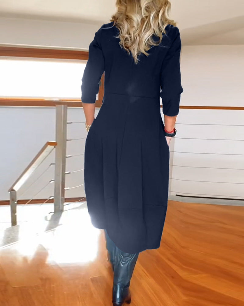 Round Neck Three Quarter Sleeve Pocket Cocoon Midi Dress