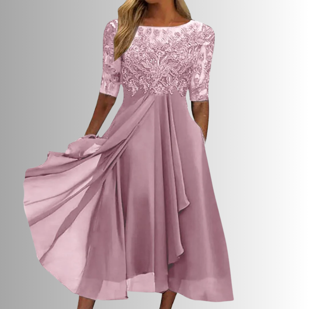 Round Neck Lace Embroidered Chiffon Half Sleeve A-Line Maxi Dress