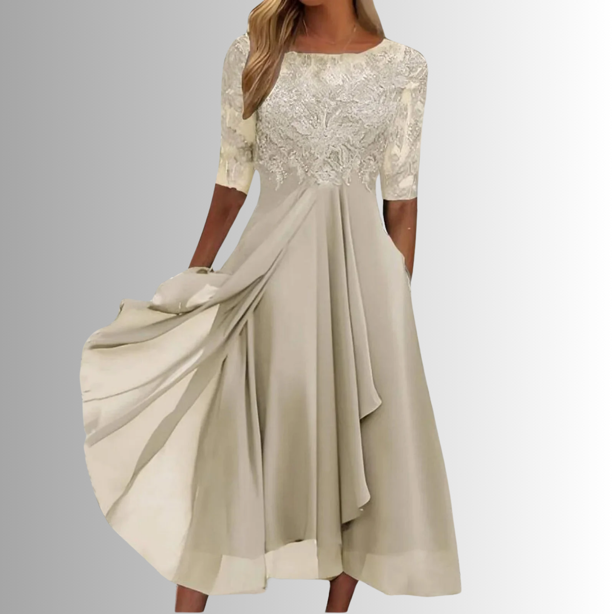 Round Neck Lace Bodice Illusion Half Sleeve Chiffon A-Line Maxi Dress