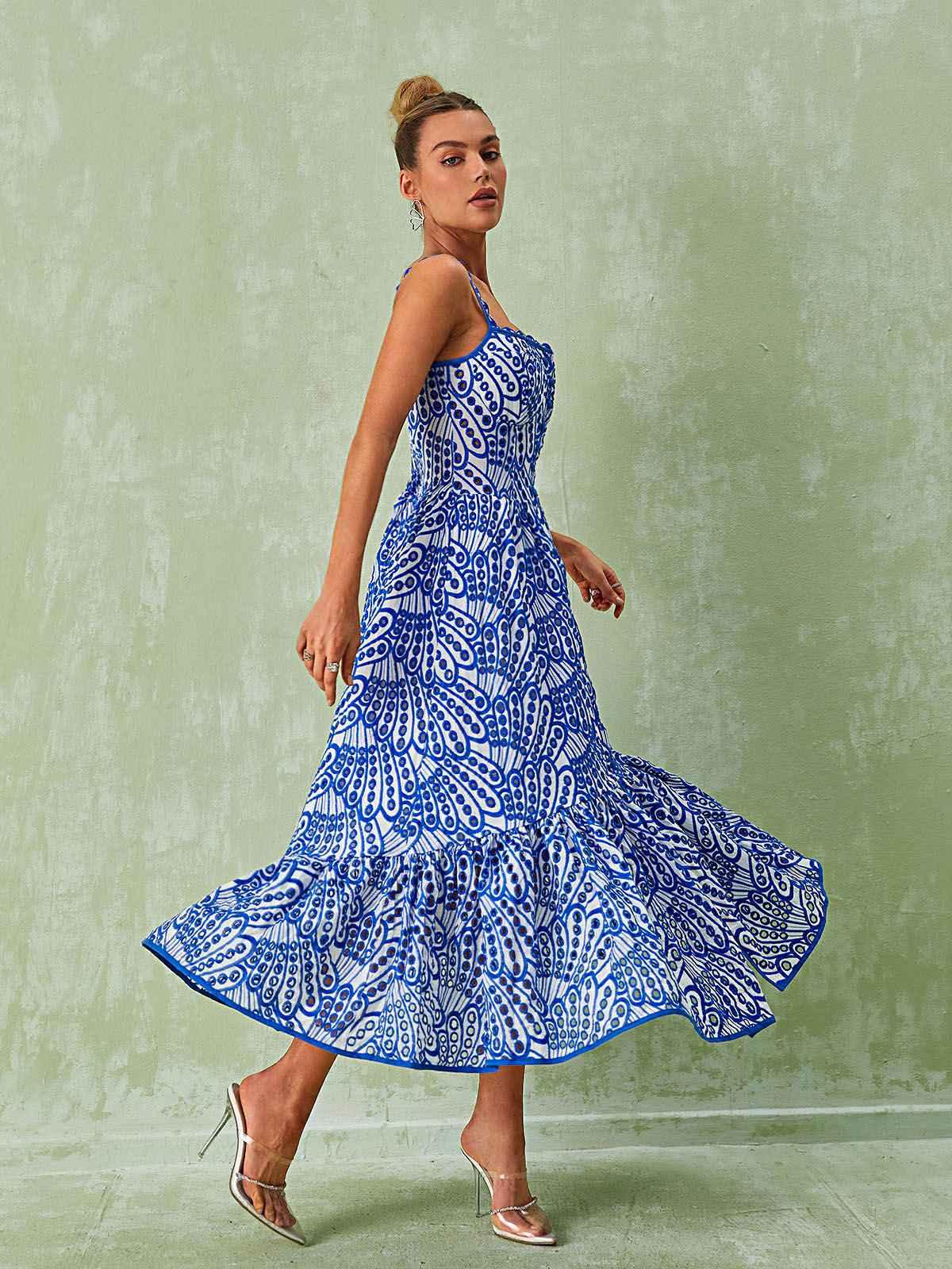 Square Neck Eyelet Embroidered Button Front Tiered Midi Dress