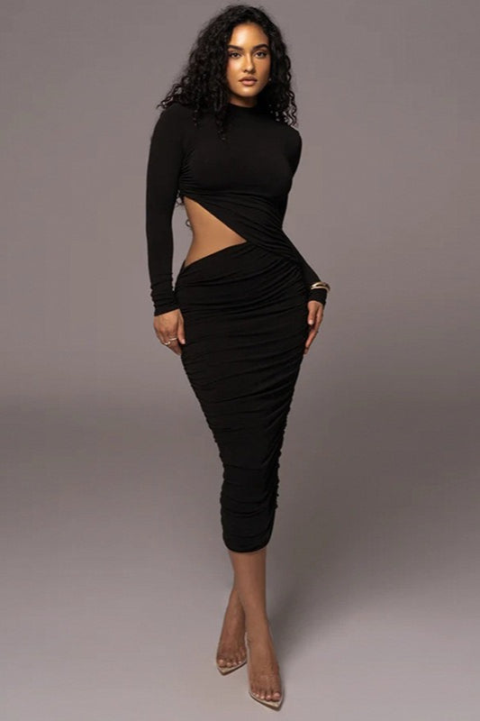 Long Sleeve Cutout Ruched Midi Dress