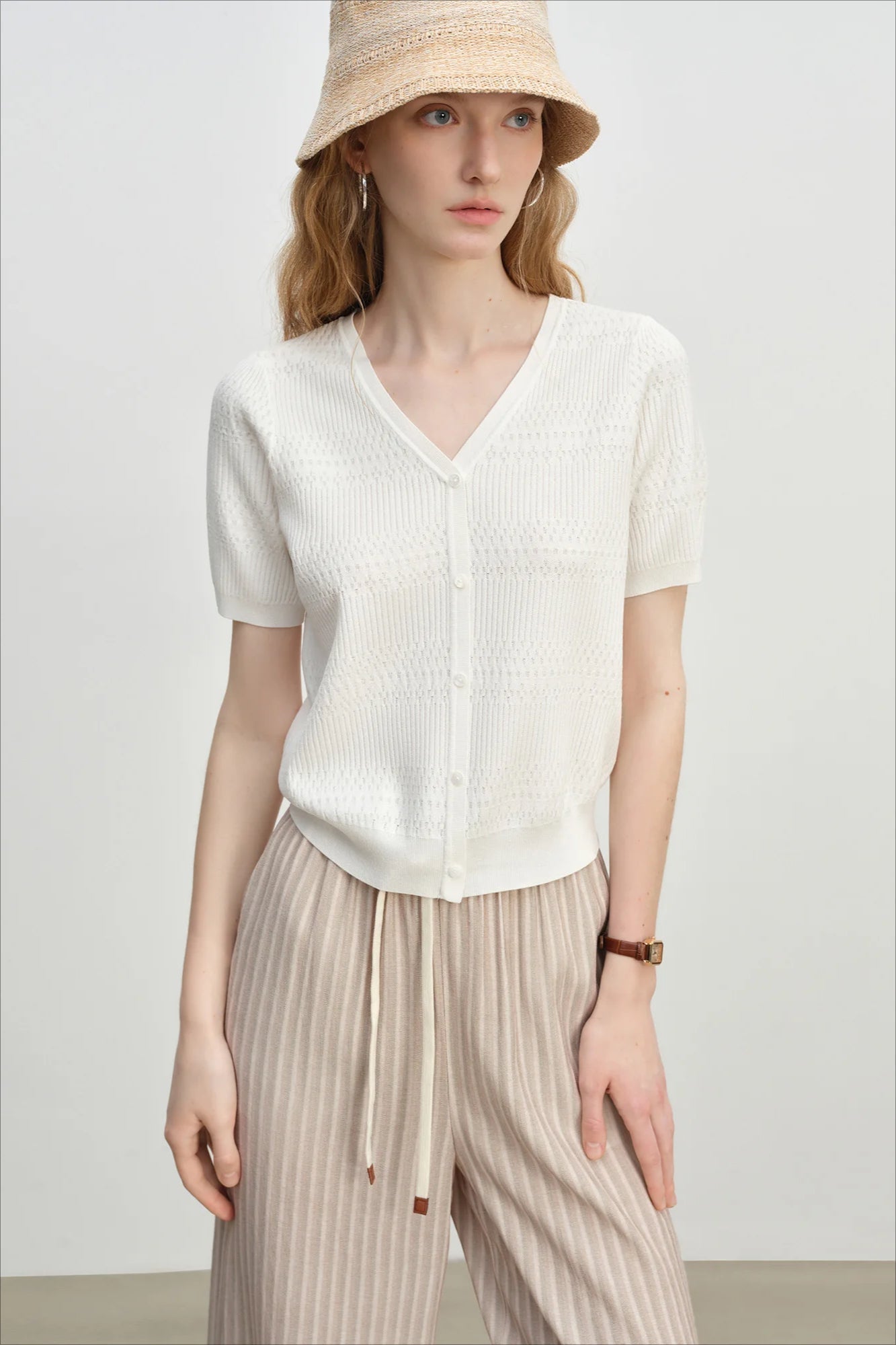 French Knit VNeck Short Sleeve Cardigan