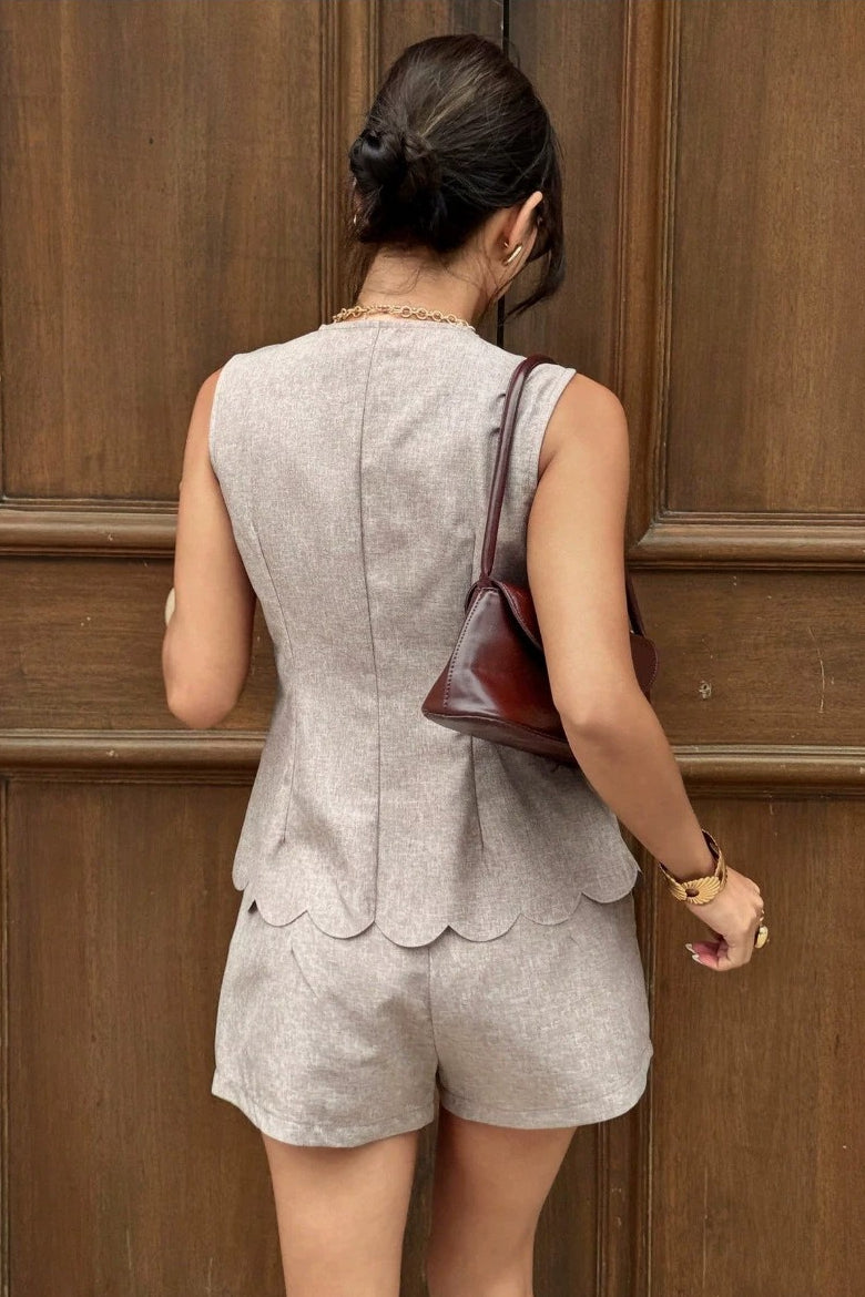 Button Sleeveless Vest Short Two Piece Work Set