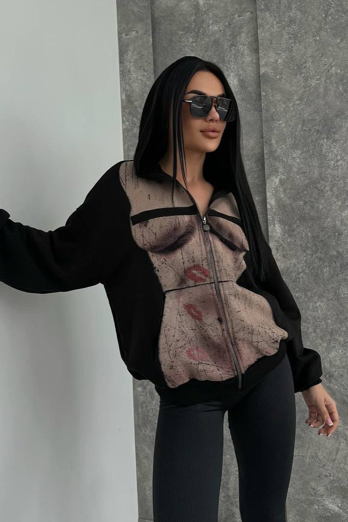 Bad Girl Style Nude Print Zipped Hoodie