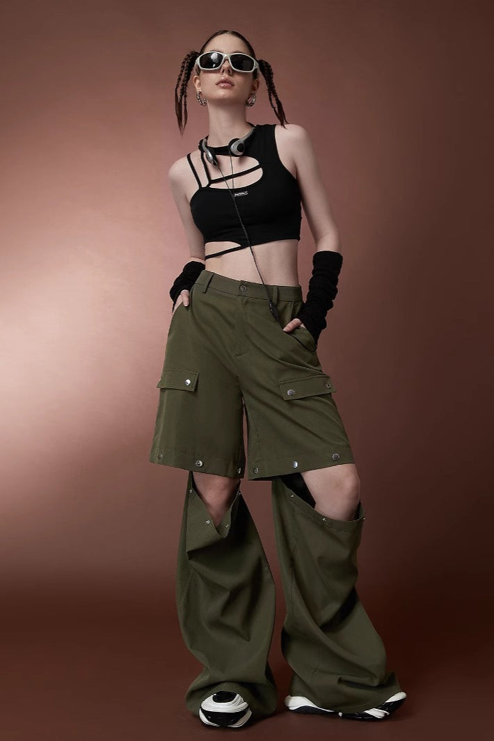 Street Style High Waist Convertible MultiPocket Cargo Straight Pants