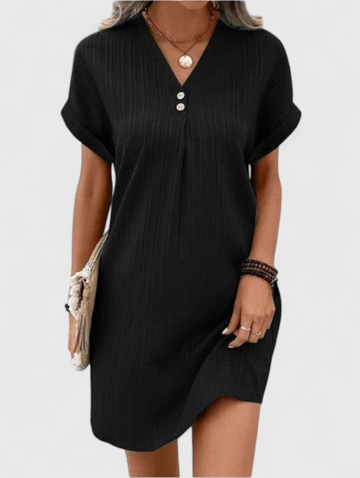 Notch V-Neck Button Textured Short Sleeve Shift Mini Dress