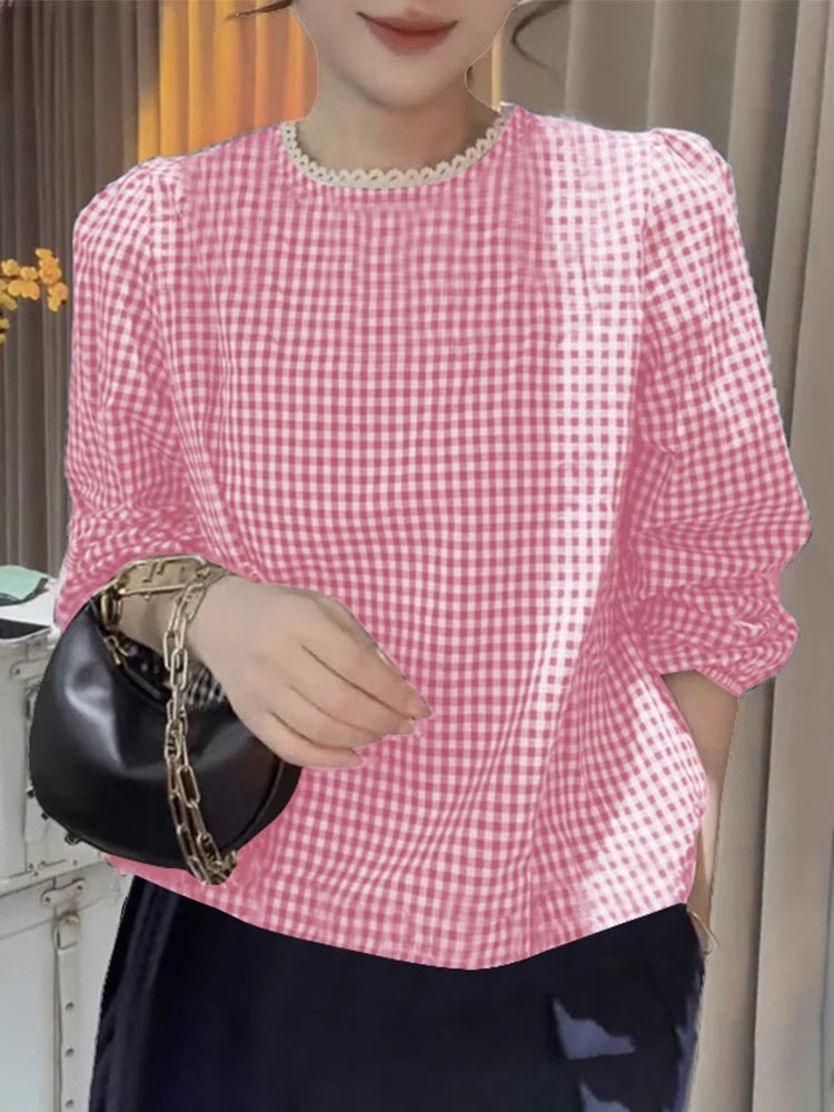 Elegant Lace Trim O Neck Checked Puff Sleeve Smock Blouse Pink / S blouse-250126