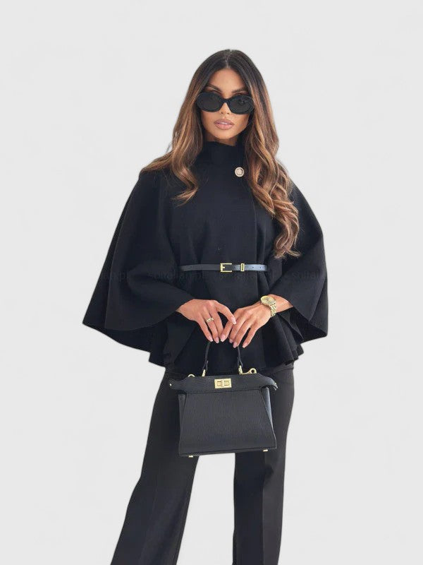 Stand Collar Belted Cape Sleeve Poncho Jacket
