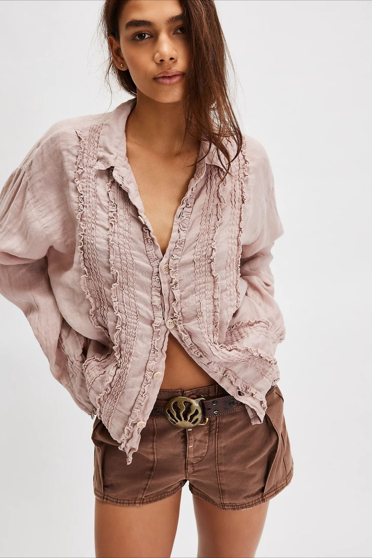 Linen Ruffled Long-Sleeve Blouse