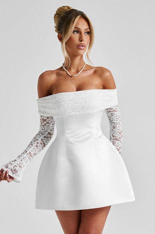 Lace Off Shoulder Long Sleeve A Line Party Dress