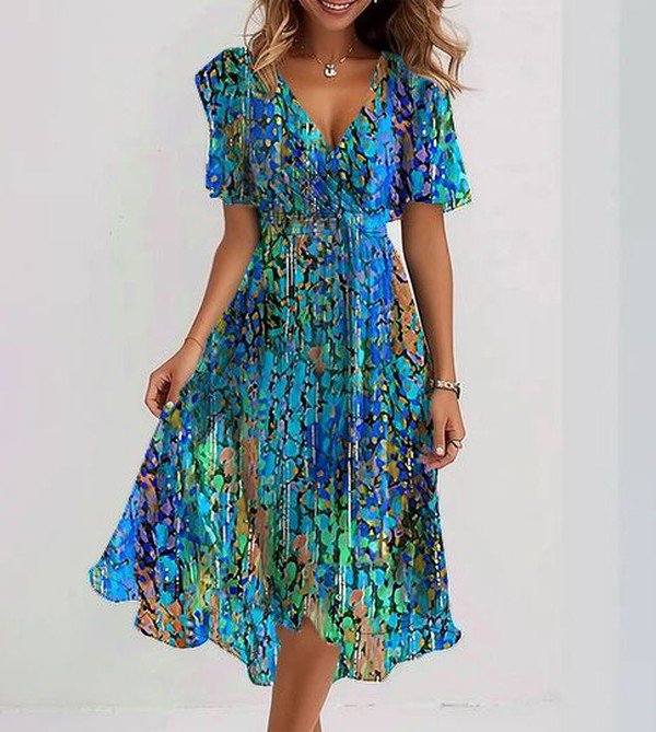 Multicolor V-Neck Watercolor Print Short Sleeve Flowy High-Low Midi Dress