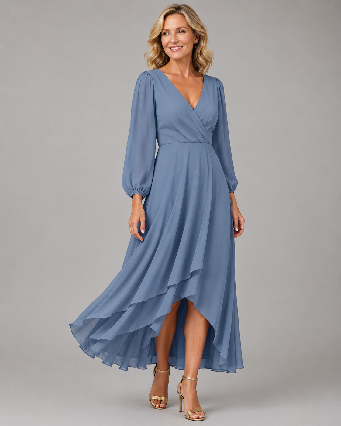 V-Neck Wrap Bishop Sleeve Chiffon High-Low Flowy Maxi Dress
