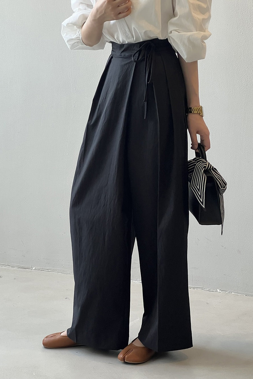 Asymmetrical Placket Tie Relaxed High Waist Long Pants