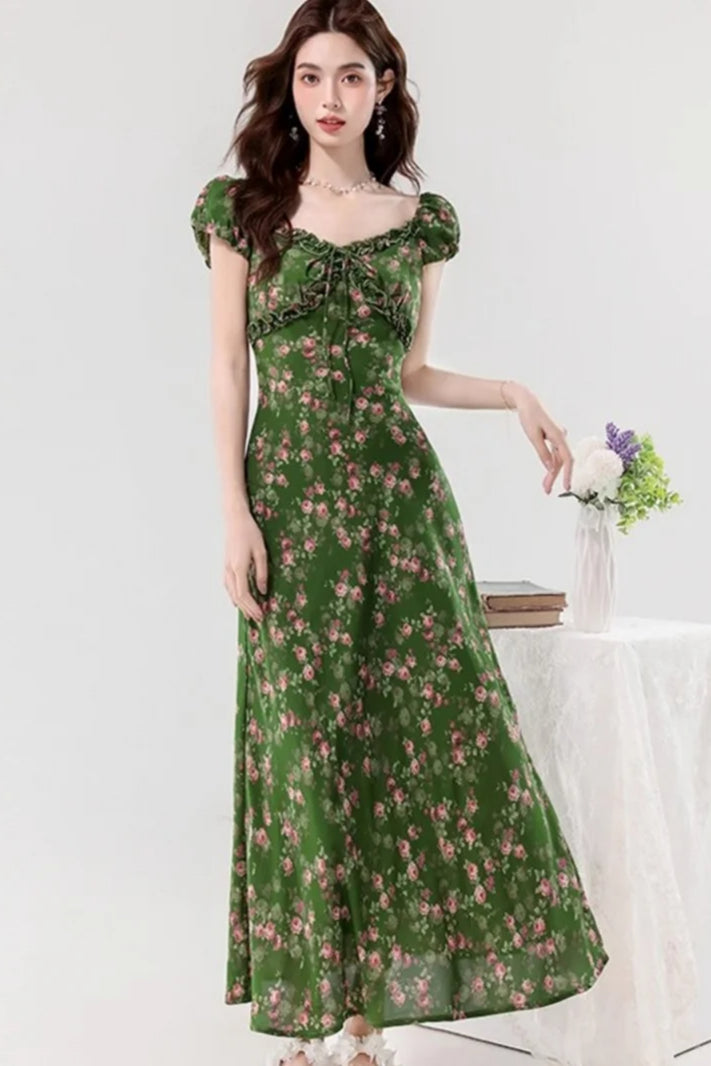 Retro Slim Green V - Neck Floral Dress