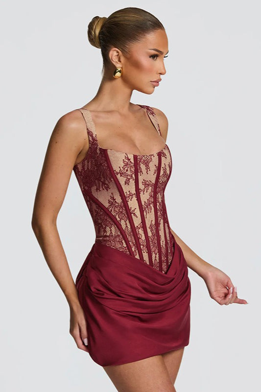 Square Neck Lace Print Ruched Patchwork Slip Dress