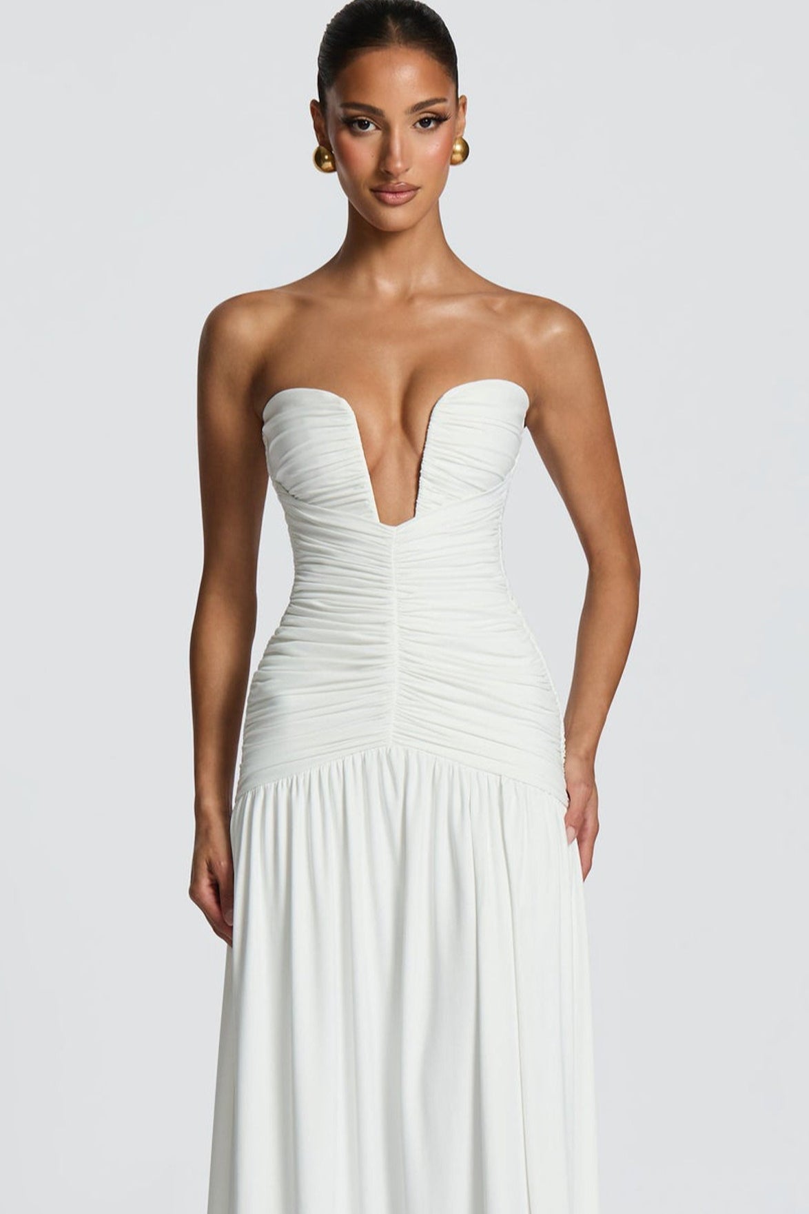 Solid Strapless High Slit Ruched Bodycon Party Dress