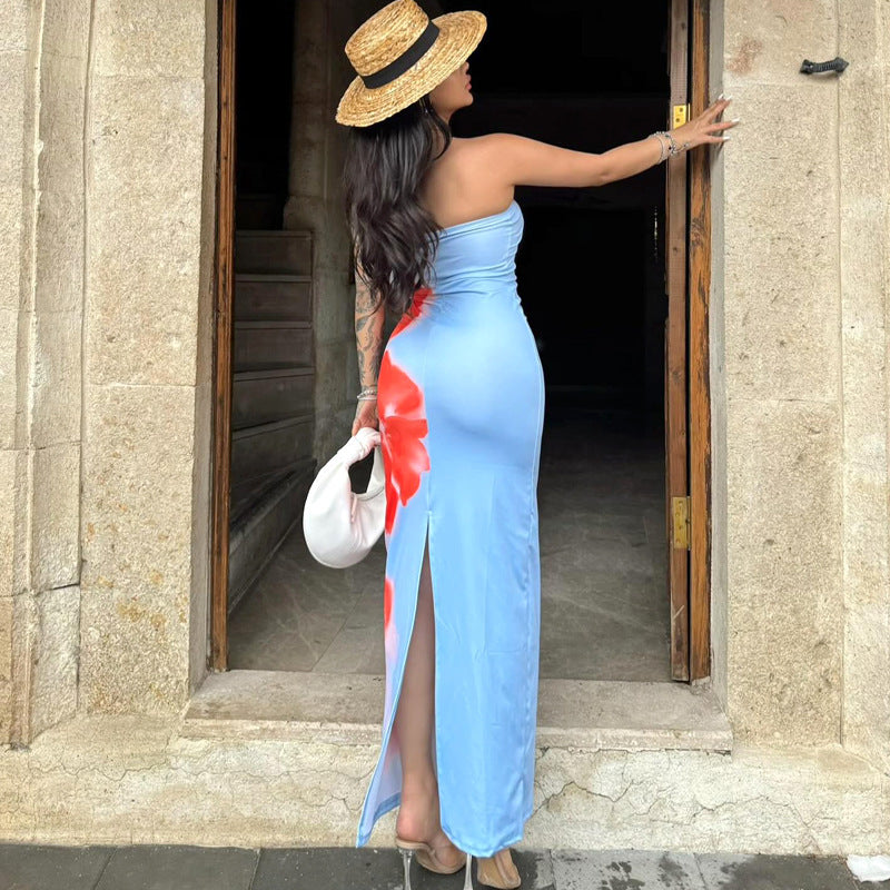 Gabriela Statement Long Dress with a Slit in a Contrasting Color Evening Wear Edit