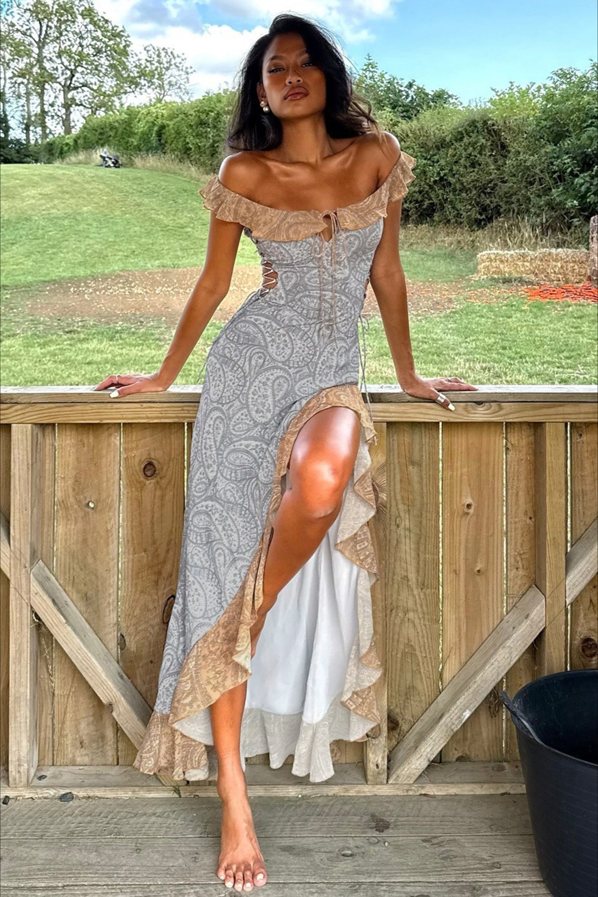 Sexy Off Shoulder Ruffled High Slit Spaghetti Strap Party Dress