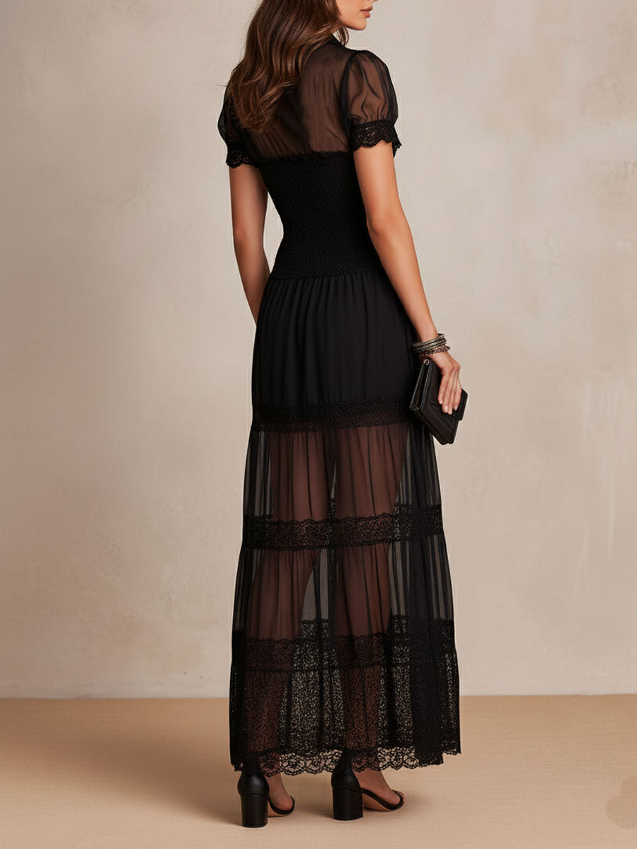 Collared Sheer Mesh Lace Trim Button Front Smocked Maxi Dress 4