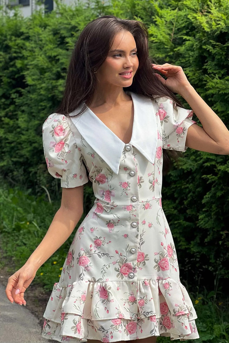 Oversized Collar Puff Sleeve Pearl Button Ruffle Tier Hem Floral Print Mini Dress 4