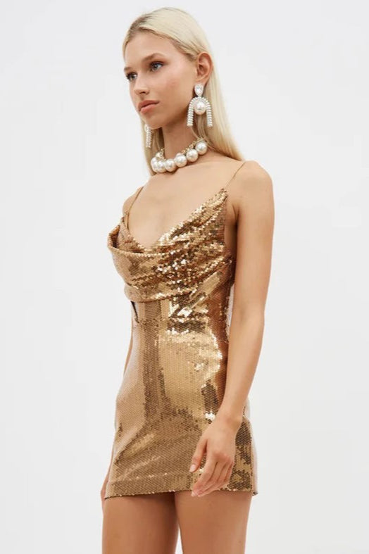 Golden Deep V Neck Spaghetti Strap Sequin Mini Dress 3