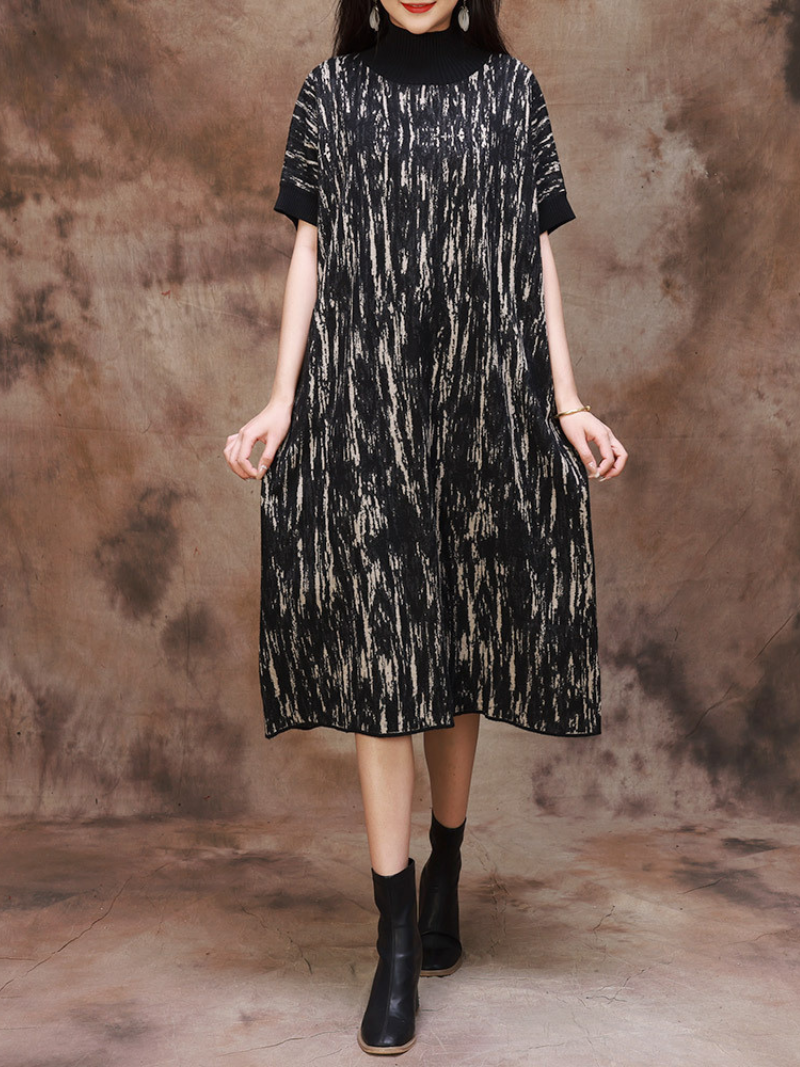 Mock Neck Abstract Print Short Sleeve Loose Knit Midi Dress