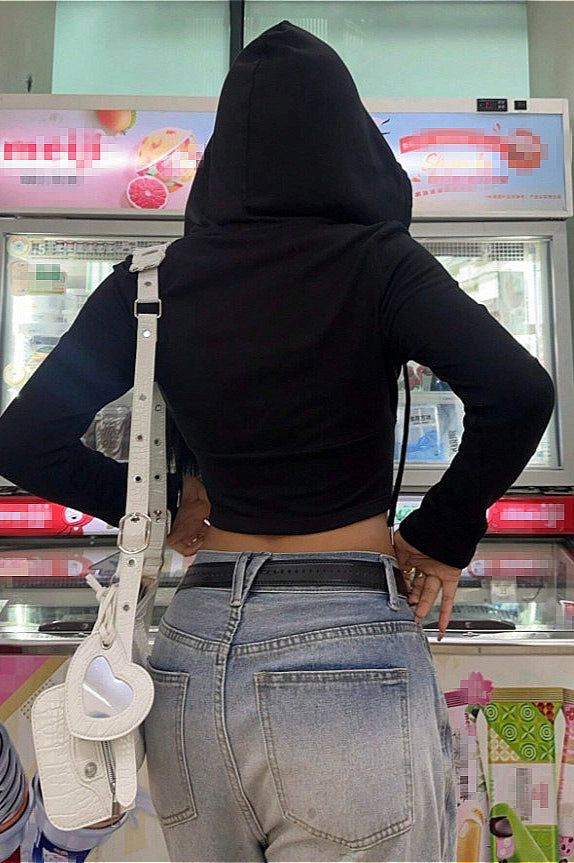 Short Fitted Skull Hand Print Zip-Up Hoodie