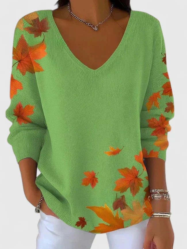 V-Neck Maple Leaf Print Long Sleeve Knit Sweater
