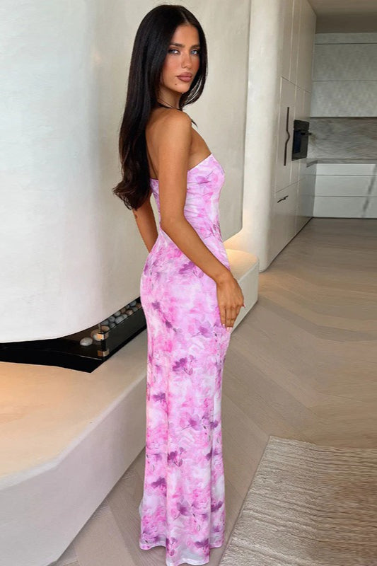 Strapless Abstract Floral Print Bodycon Maxi Dress 6