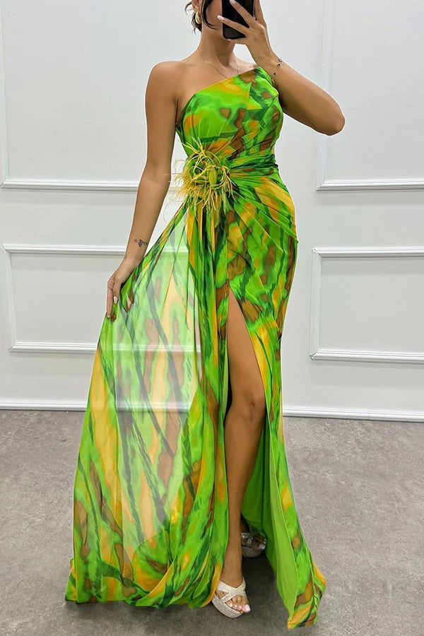 One-Shoulder Feather Trim Printed Ruched High Slit Maxi Gown