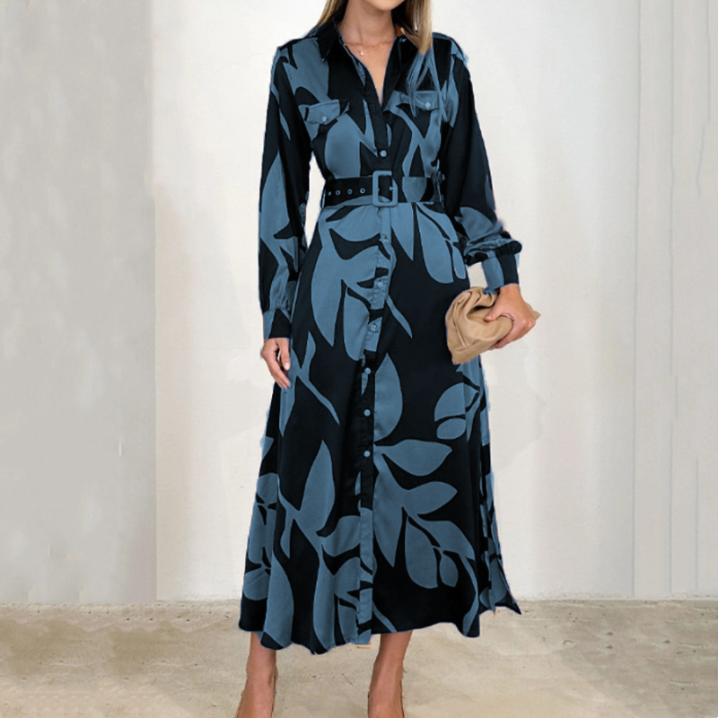 Collared Button Front Long Sleeve Leaf Print Belted Shirt Maxi Dress